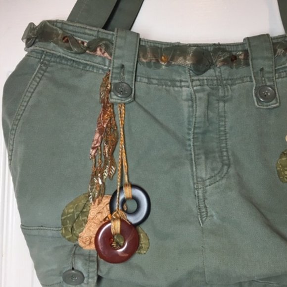 American Eagle Jean Fabric Olive Green Beads Lace Flowers Shoulder Bag Tote - Picture 3 of 16